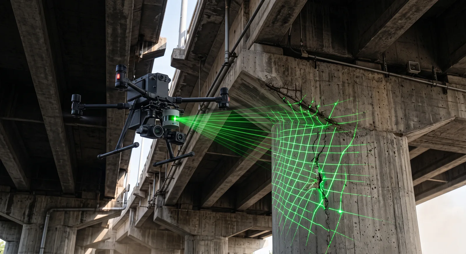 UAV scanning the underside of a concrete bridge deck and pier