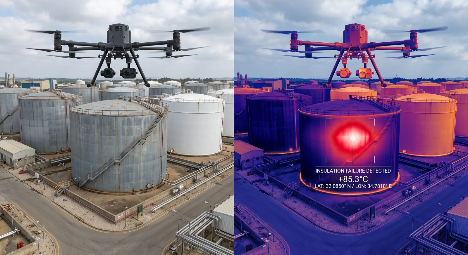 Matched visual and thermal capture of a tank farm with an insulation failure flagged