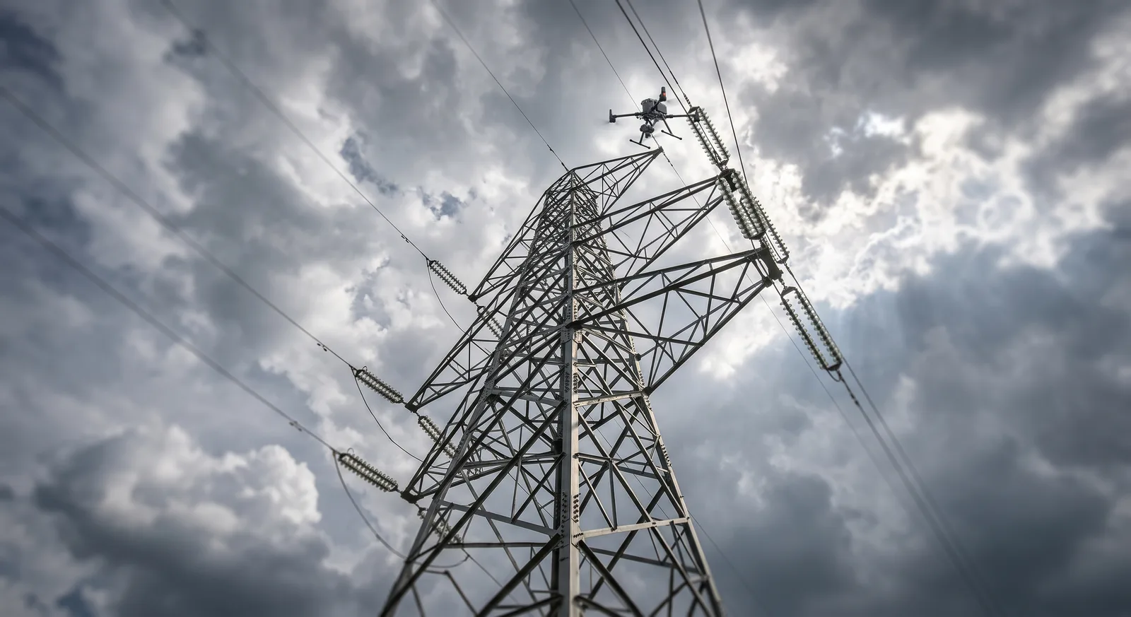 Transmission tower inspected from the air, conductors and insulators in frame