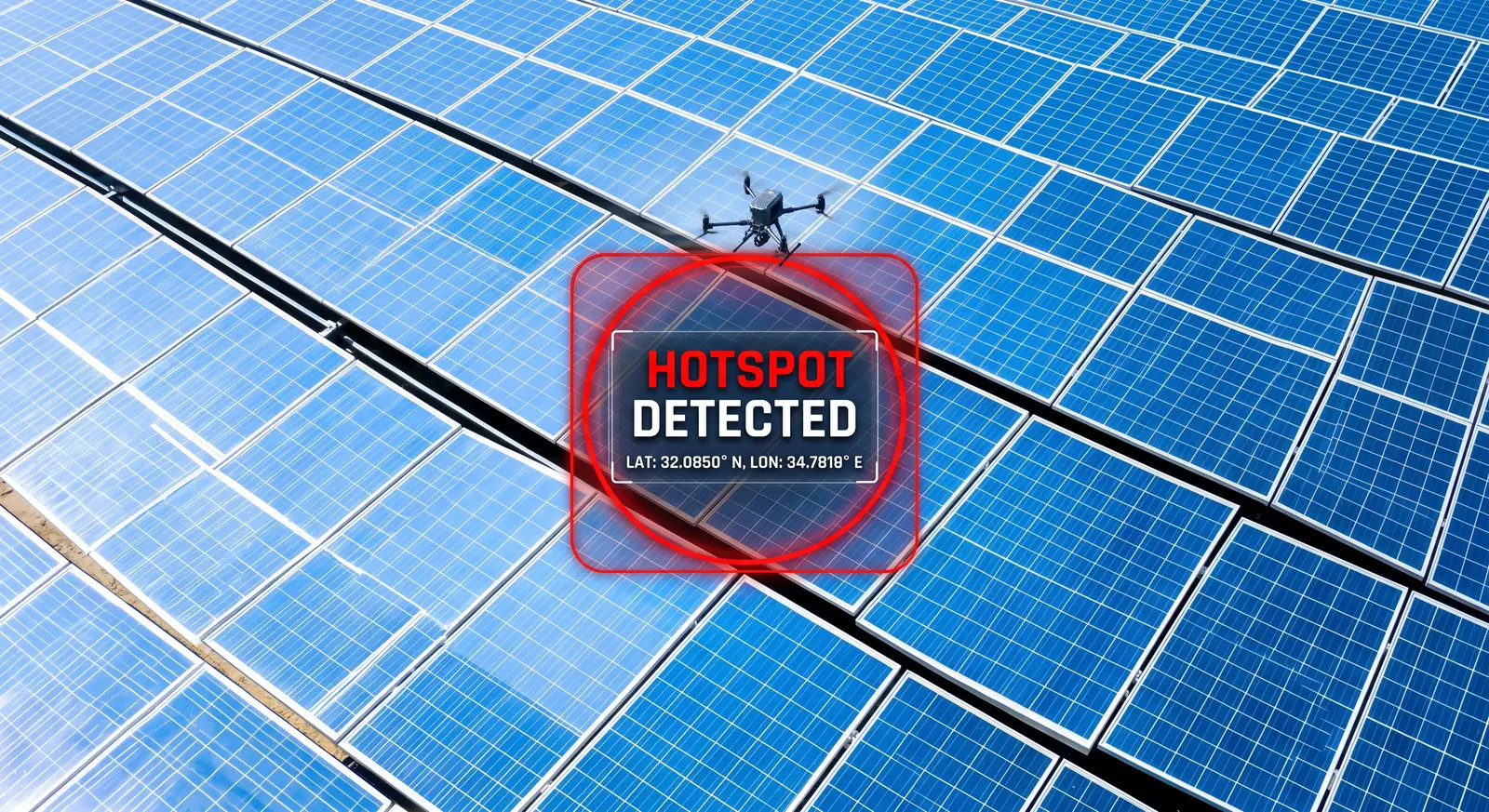 Aerial thermal survey of a solar array with a hotspot detected and geotagged