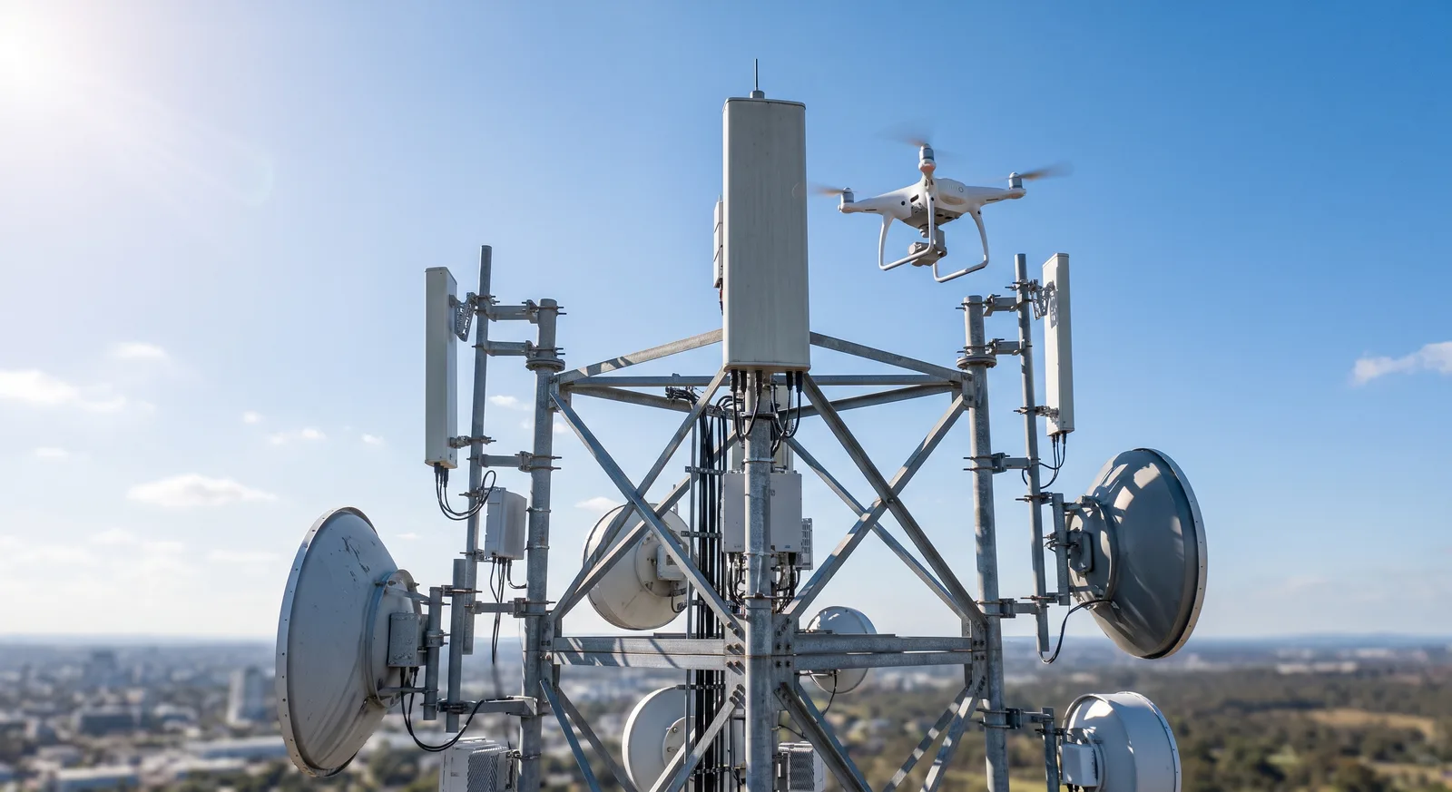 Communications mast with antennas surveyed by UAV from the air