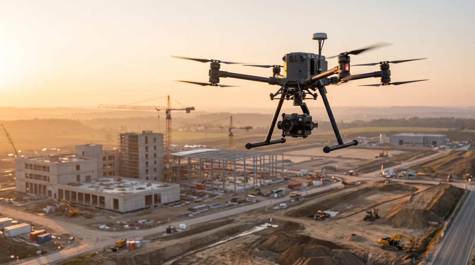 Survey UAV capturing a construction site at first light