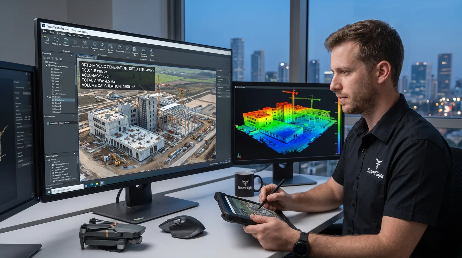 Orthomosaic and classified 3D point cloud under review in processing software