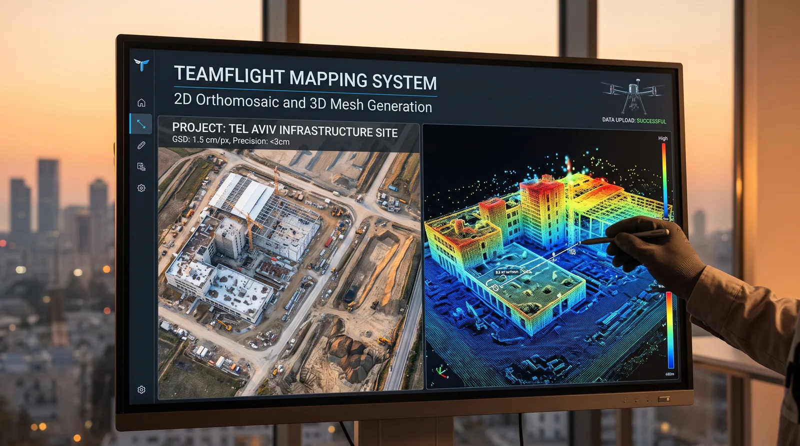 Side-by-side 2D orthomosaic and 3D mesh of an infrastructure site